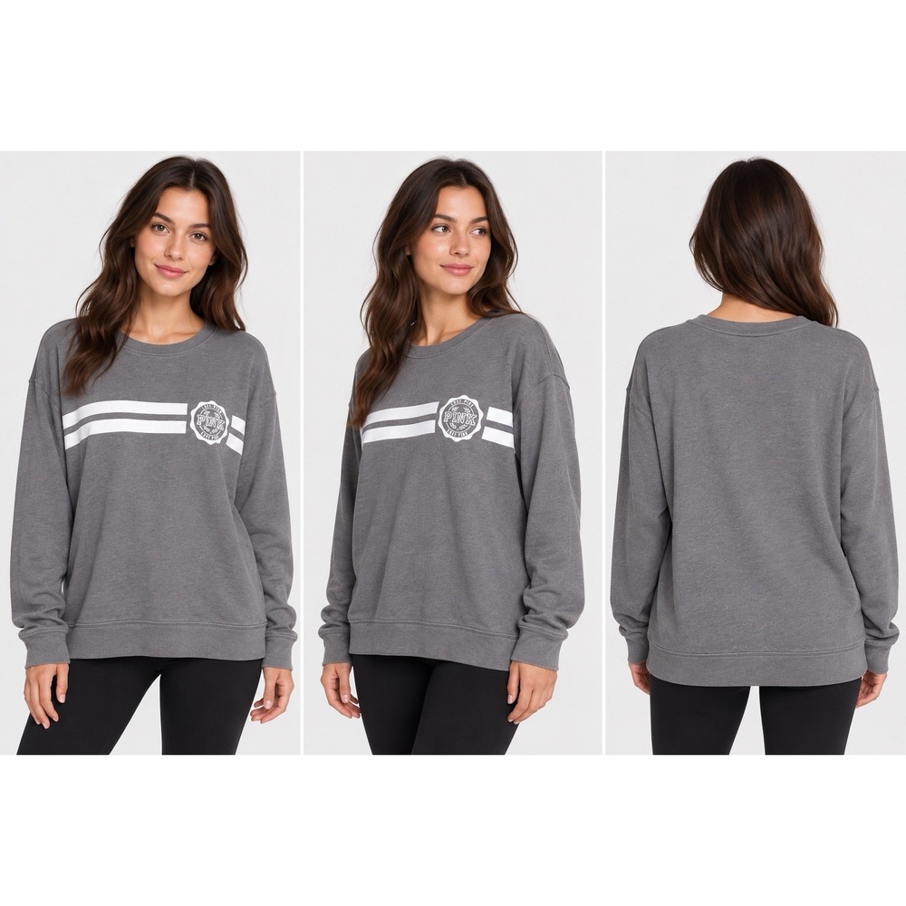 Victorias Secret Pink Gray Logo Sweatshirt Medium Striped Crewneck Y2K Sporty